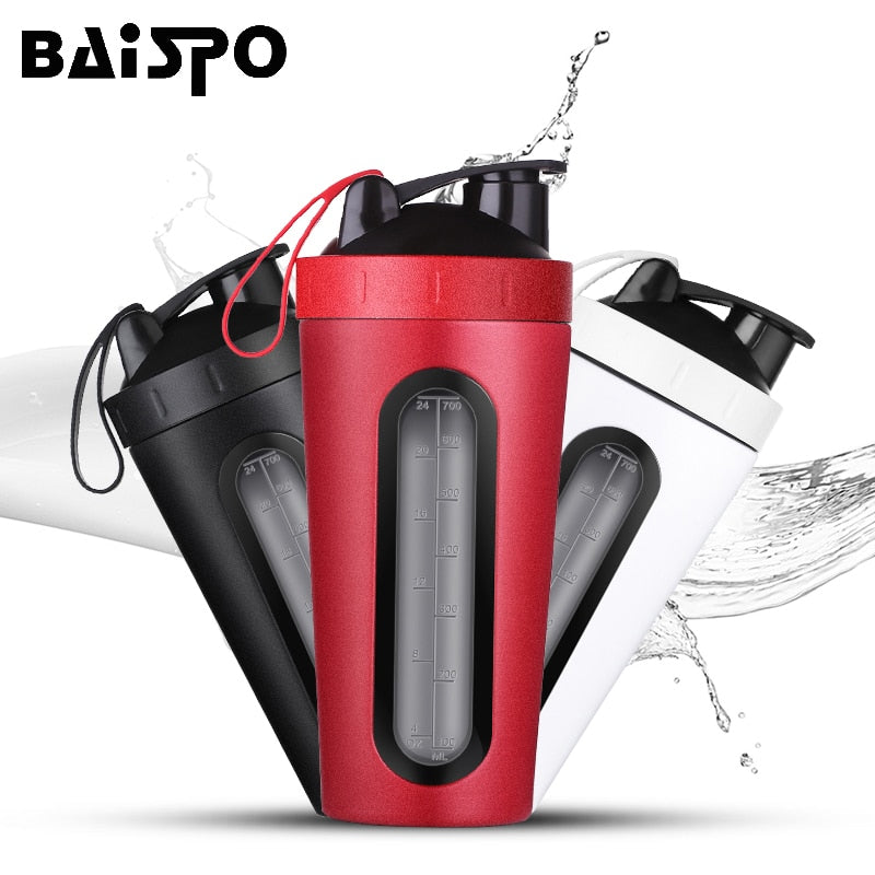 BAISPO Protein Shaker Bottle 700ml Stainless Steel Gym Fitness Sports Shaker Eco Friendly Water Bottle Protein Powder Mixer